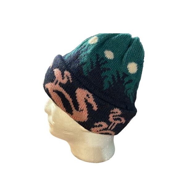 Vintage VTG winter wool ski hat beanie flamingos pink and green made in vermont - Picture 3 of 5